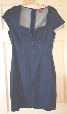 GUESS Los Angeles Denim Dress Medium M Dark Wash Square Neck Cap Sleeve Jean...