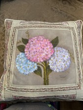 Hand Painted Hydrangea Throw Pillow Pink Blue Floral Paisley Braid Trim Country