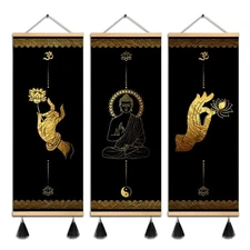 3Pcs Buddhism Zen Art Buddha Hand Gestures Gold Black Canvas Wall Art Yoga Pr...