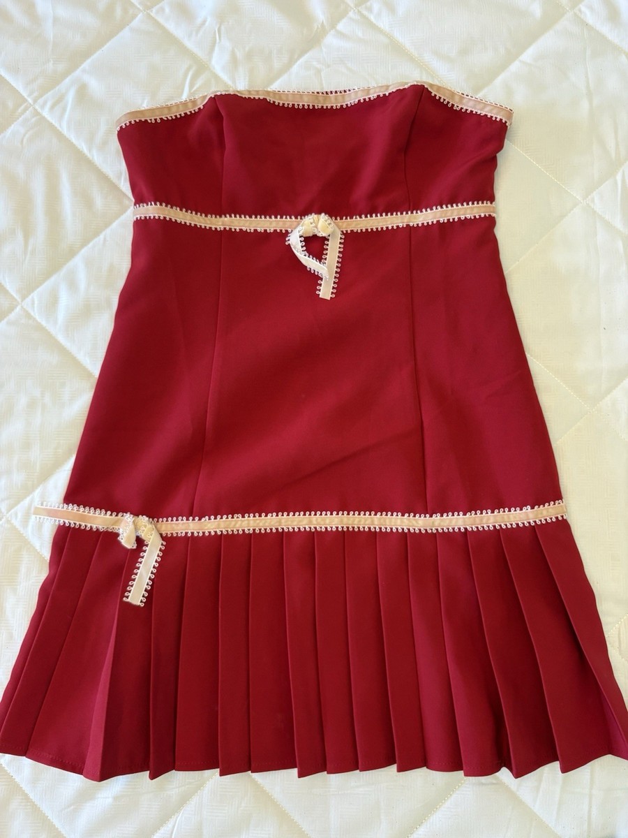 FOREVER 21 Red Strapless Mini Dress Pleated Bow Accents Fit & Flare Size S