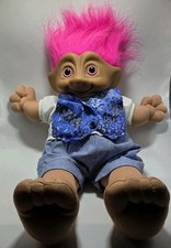 VTG Ace Novelty Treasure Troll Doll Pink Hair Plush Body Blue Floral Clothes