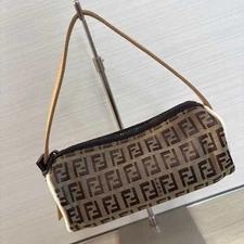 FENDI Handbag Pouch Small Logo Canvas Leather Brown Women's USED FROM JAPAN