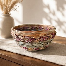 Handwoven Natural Fibe Basket Bowl Boho Rustic Decor