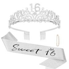 Birthday Crown and Sweet 16 Sash Glitter Kit for Girls - Silver Metal Costume...