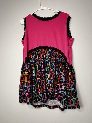 Crazy Train Pink Multicolor Leopard Print Lace Trim Sleeveless Tunic Blouse L
