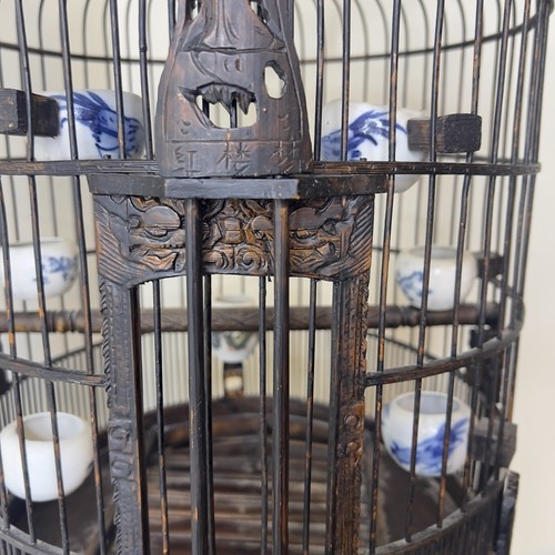 Antique Chinese Rosewood Carved Hanging Birdcage Porcelain Food Bowls Intricate - Picture 3 of 16