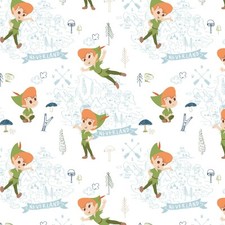 Peter Pan Neverland Fabric on white Green background by Camelot Fabrics BTY