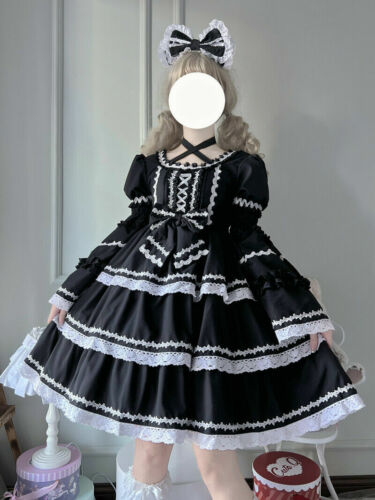 Japanese Women Lolita Kawaii Long Sleeve Ruffle Bow Dress Detachable Sleeves - Picture 4 of 18