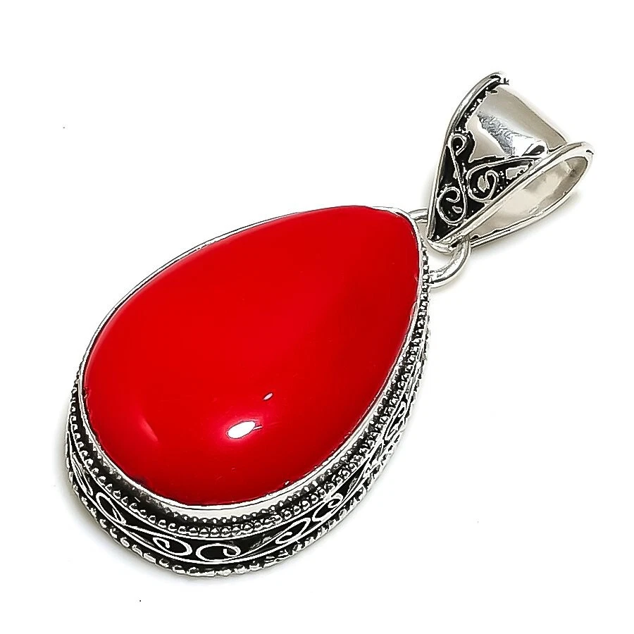 GIOIELLO CIONDOLO IN GEMMA CORALLO ROSSO ITALIANO SU ARGENTO STERLING 925 - Immagine 2 di 3