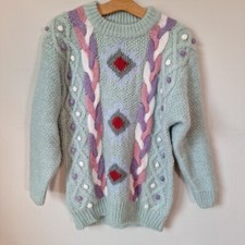 Vtg 80s Pastel Green Cableknit Geometric Mohair Wool Sweater Women Size S/m