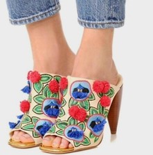 Tory Burch Ellis Boho Embroidered Leather Pom Tassel Mule Heel Sandals Size: 6