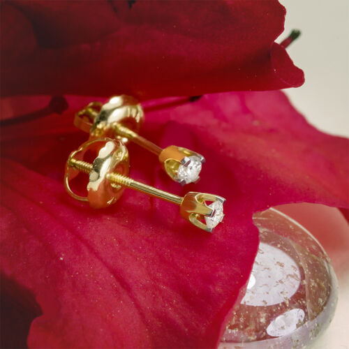 14 Karat Gelbgold Unisex Kinder Kleinkind Diamant Nieten Solitär Ohrringe 1/10 Ct Zertifikat - Bild 4 von 8