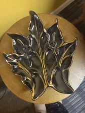 Vintage Atomic Mid Century Modern Black & Gold Ceramic Leaf Shaped Ashtray 14.5"