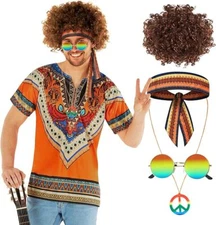 Mens 70s Hippie Costume + Afro Wig & Sunglasses Adult 60s Hippy Outfit Halloween