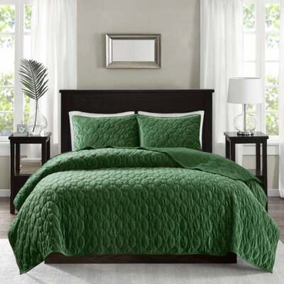 NEW! ~ ULTRA SOFT MODERN ELEGANT VELVET VELOUR PLUSH GREEN GEOMETRIC QUILT SET ~