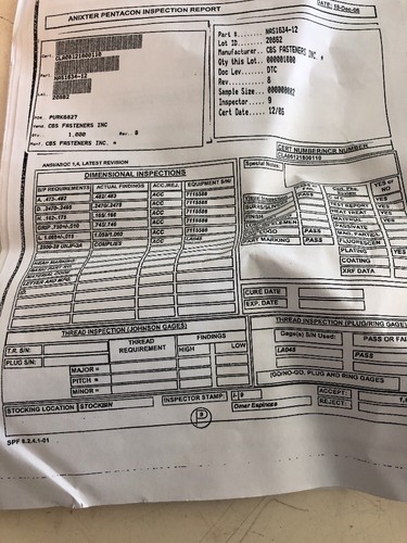 Lot/275 Anixter Pentacon Aircraft Fasteners NAS1634-12 With Certifications - 第 4/12 張圖片