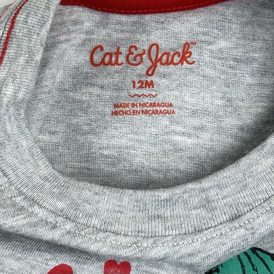 Camiseta Cat and Jack Bebé Gris Manga Larga Algodón Dinosaurio Estampado Corazones Talla 12 MO Foto 2 de 2