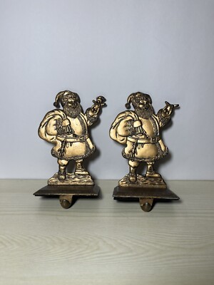 Vintage Metal Santa Stocking Hanger Flat Holding Bag Toys Set of 2