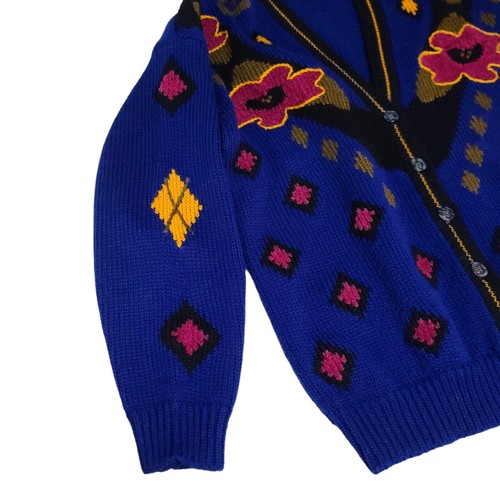Vintage Leslie Fay Knit Cardigan Sweater Women's M Royal Blue Argyle Floral - Picture 2 of 6