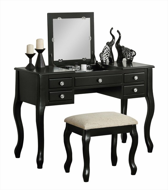 Poundex F4146 Bobkona Cailyn Flip Up Mirror Vanity Set With Stool In Black For Sale Online Ebay