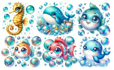 Bügelbild Bügelmotiv Meer Meerestier Delfin Wal Seepferdchen verschiedene Größen
