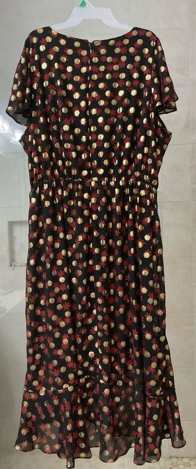 Maxi Vestido Lane Bryant Metálico Volantes Talla 24 Imitación Envoltura Negro Rojo Dorado *NUEVO CON ETIQUETAS* Foto 2 de 3