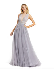 MAC DUGGAL 20188 ILLUSIONS PLUNGE NECK A-LINE PLATINUM GOWN DRESS 8