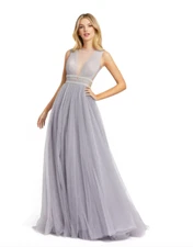 MAC DUGGAL 20188 ILLUSIONS PLUNGE NECK A-LINE PLATINUM GOWN DRESS 8