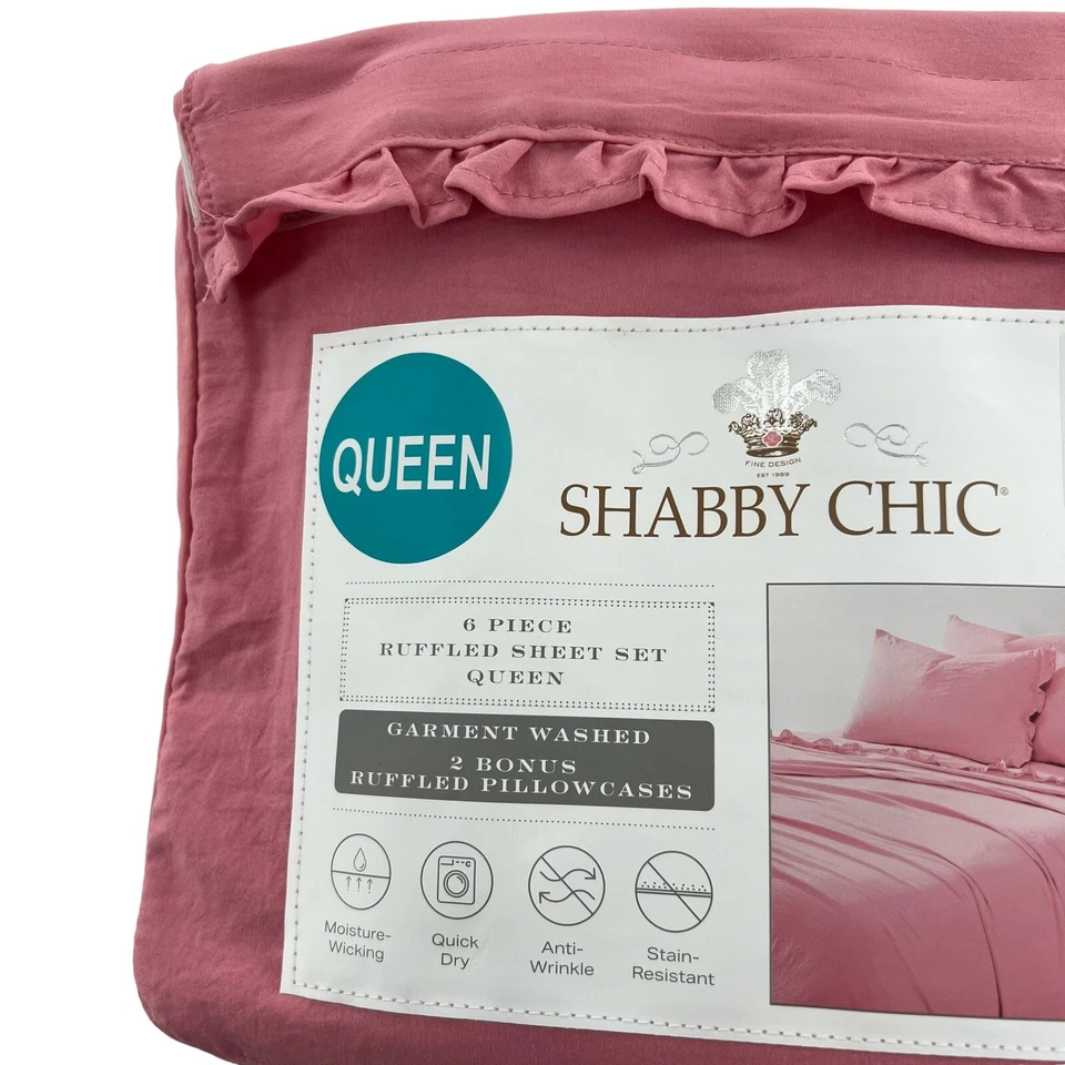 Conjunto de lençóis Rachel Ashwell Shabby Chic Queen 6 peças rosa babado simplesmente casa de campo novo - Imagem 2 de 4