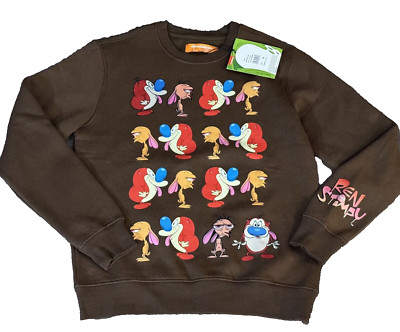 NEW Ren Stimpy Nickelodeon Sweatshirt Brown Crew Neck Graphic Print Men's M $78