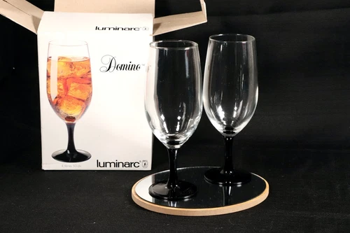 Set of 4 Luminarc Domino Signature Black Stem Water/Wine/Goblet/ Glasses 8- 1/4"