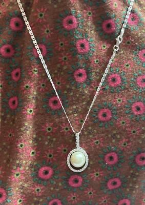 18  Valentino Necklace SS 925 Chain W/ CZ & Pearl SS Pendant.