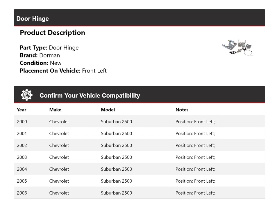 For 2000-2006 Chevrolet Suburban 2500 Dorman Door Hinge Front Left 2001 2002 - Image 2 of 4