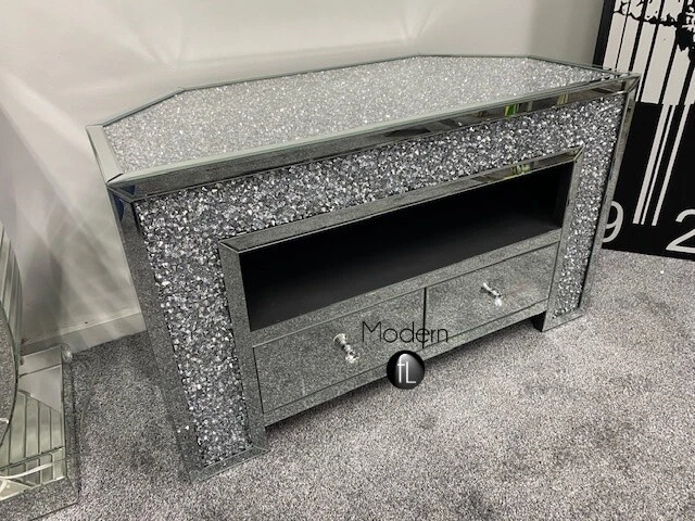 SLIGHT DEFECT Stunning Crushed Diamond Mirrored Corner TV Stand eBay