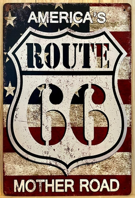 American Flag Route 66 ''America's Mother Road'' Metal Sign 12'' x 8''
