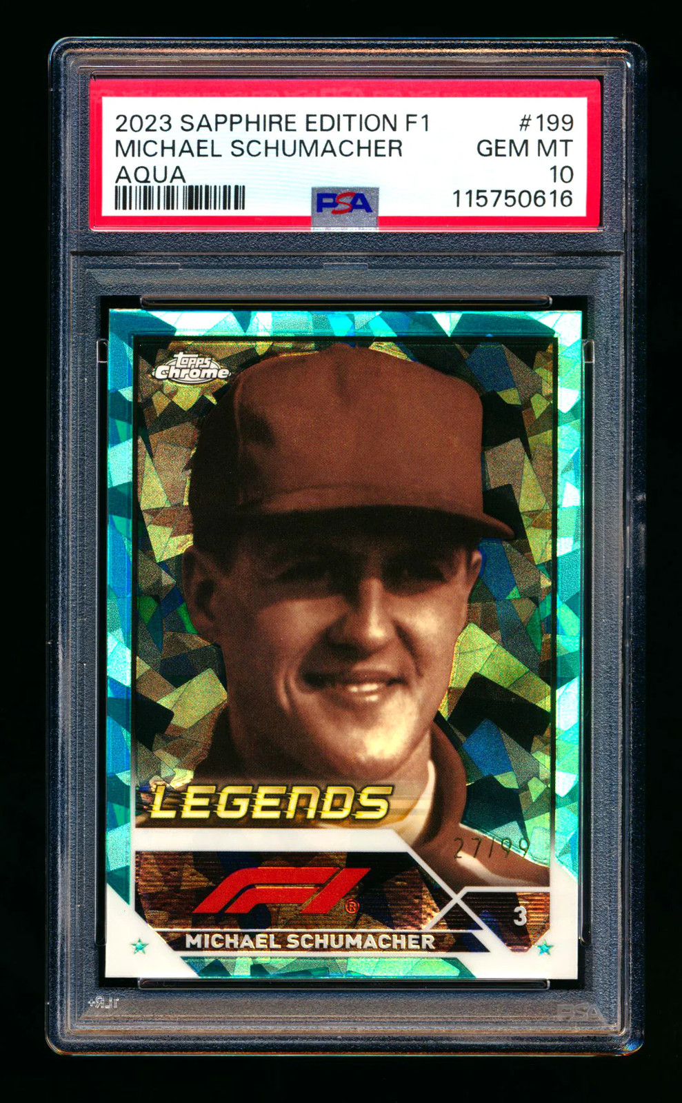 2023 Topps Chrome Sapphire F1 199 Michael Schumacher Aqua Refractor 27/99 PSA 10
