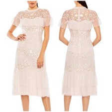 Mac Duggal NWT Blush Pink High Neck Mesh Tier Embroidered Midi Dress Size 18