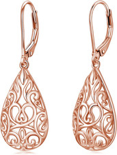Rose Gold Filigree Earrings for Women Sterling Silver Teardrop Dangle Drop Gifts