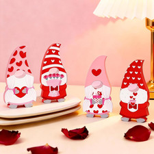4 Pcs Valentine'S Day Wooden Gnome Sign Table Decoration Cute Red Pink