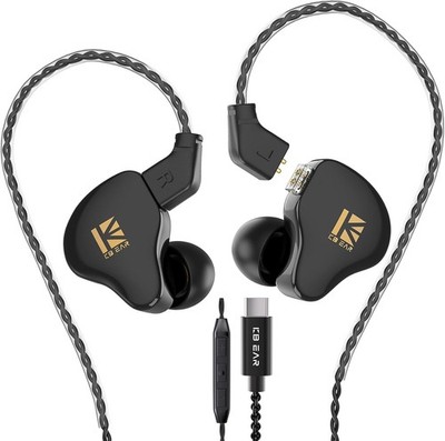 KBEAR KS1 USB C Headphones Wired Earbuds, Crystal Clear with Mic, C-Black 