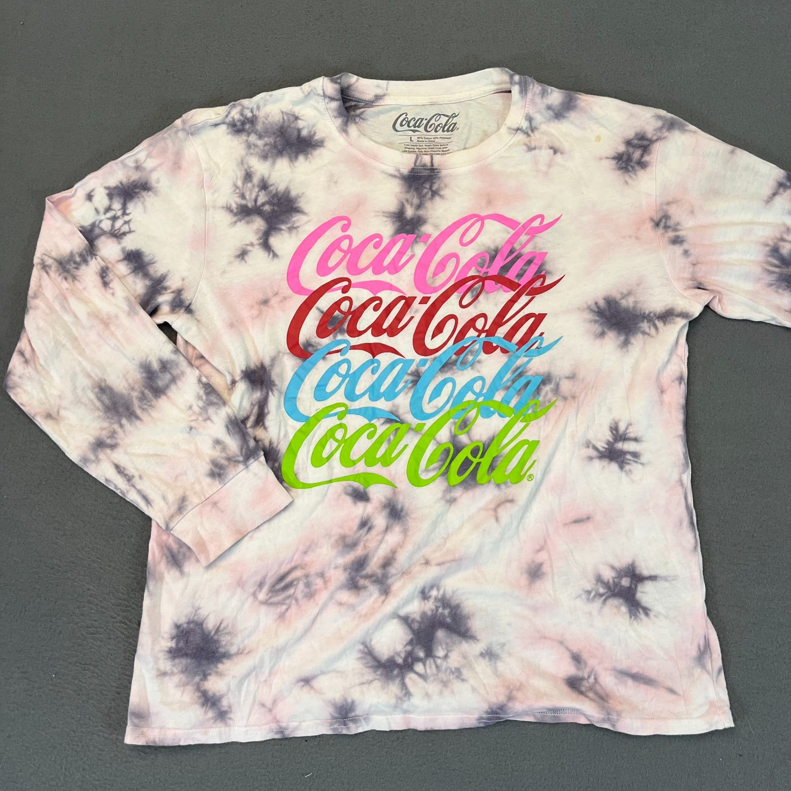 Coca Cola Shirt Womens Large Tie Dye Tee Cotton Long Sleeve Coke Logo Xmas