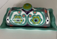 Anthropologie Okuno Hand Painted Floral Ceramic Butter Dish Teal Boho