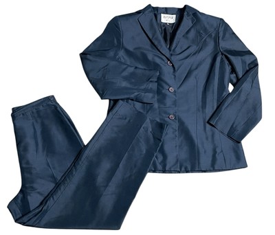 Kasper Silk Pants Suit Womens 10 Navy Blue ASL Single Breasted Classic  Blazer