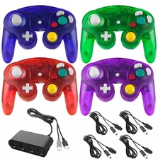4 Pack Wired Transparent Gamecube Controllers with 4 Port USB Adapter and 4 P...