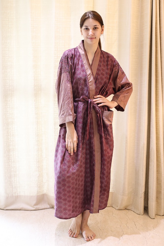 Kimono Largo De Seda Pura Gris-Marrón Para Mujer Bata De Seda Kimono PS KMO5249