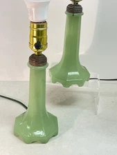 Vintage Houze Glass Jadite Green Lamp Pair 1930’s Art Deco Houzex Original Label