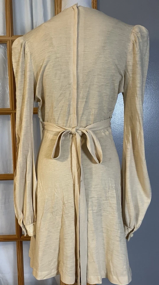 70s Jody T of California Smocked Dress Sz 7 Beige Tie Back Balloon Sleeve Modest - Image 4 of 4