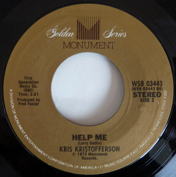 Kris Kristofferson Why Me / Help Me Single 7" Vinilo 45 RPM - Imagen 1 de 1