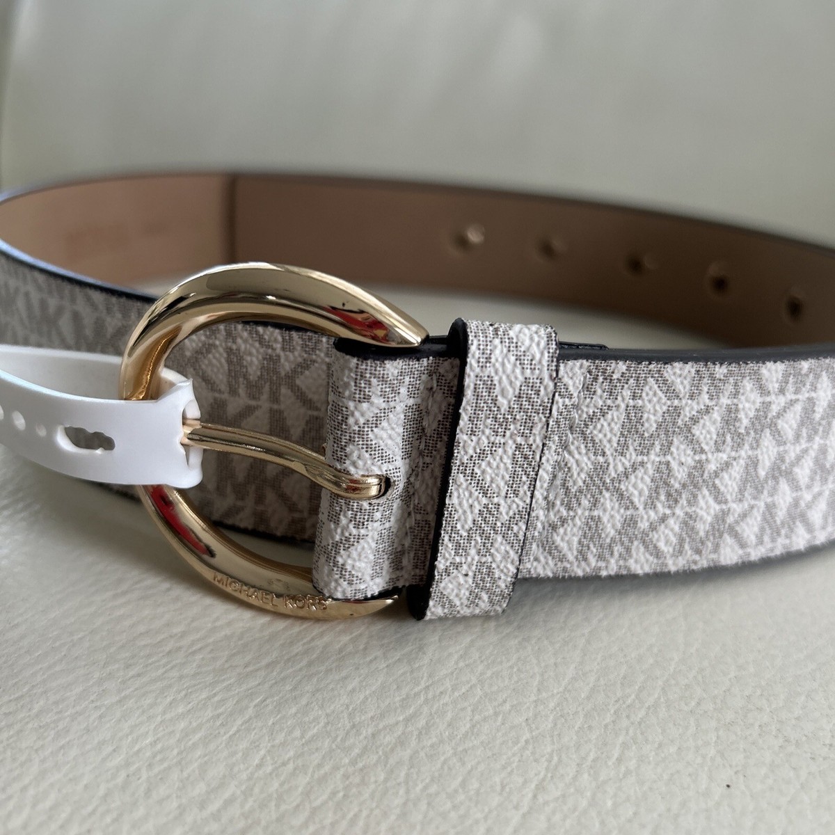 MICHAEL KORS Women's MK Logo Signature Vanilla Belt Gold Buckle X