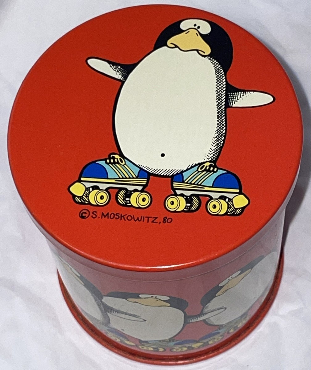 Vintage 1980 Penguins Rollerskating Round Tin Red West Germany
